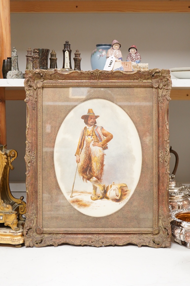 H.B. Taylor, Romanian Shepherd, signed and dated 1888, oval hand painted porcelain plaque, framed, overall 50cm high